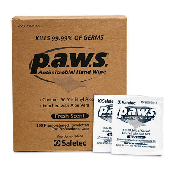 PAWS Antimicrobial Hand Wipes (100/Box)