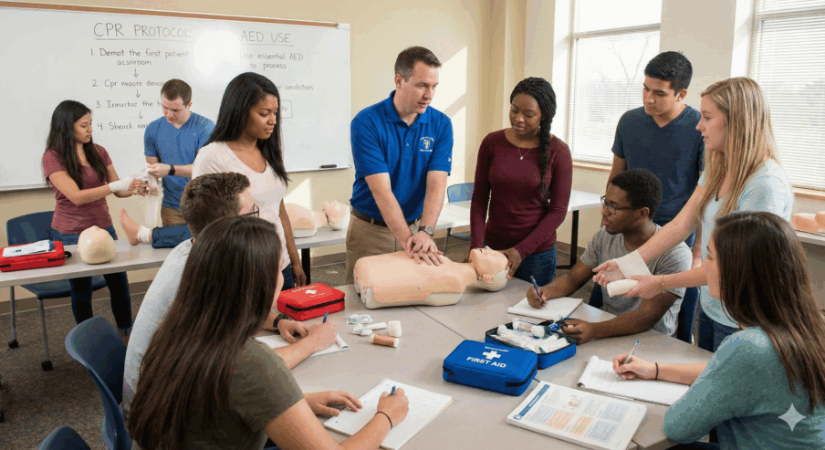 group of people standing around a demonstration of someone using a CPR test dummy.