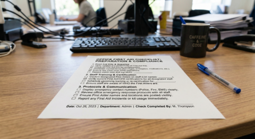 First aid checklist sitting on a desk in the office.
