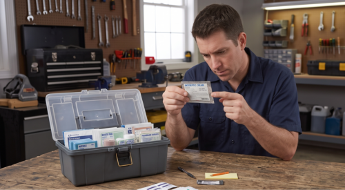 man looking closely at first aid kit card